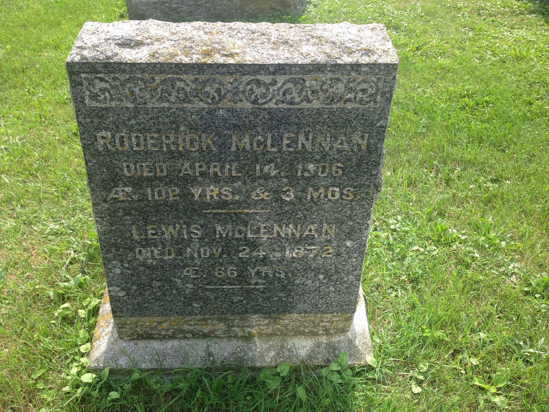 Photo of headstones/Roderick & Lewis McLennan hdstn Kirkhill United Cem Ontario